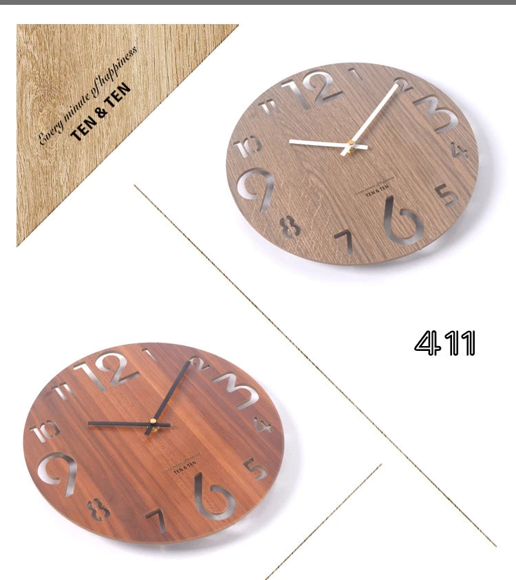 Wooden 3D Wall Clock Modern Design Nordic Brief Living Room Decoration Kitchen Clock Art Hollow Wall Watch Home Decor 12 inch