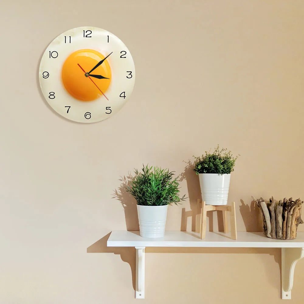 Sunny Side Up Fried Egg Kitchen Wall Clock 3D Flat Design Breakfast Food Wall Art Dining Room Interior Decor Silent Wall Watch