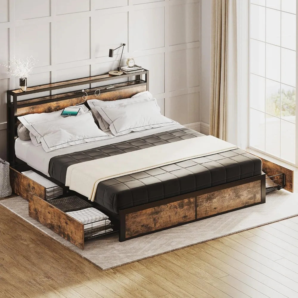 Queen Bed Frame with Storage Drawers