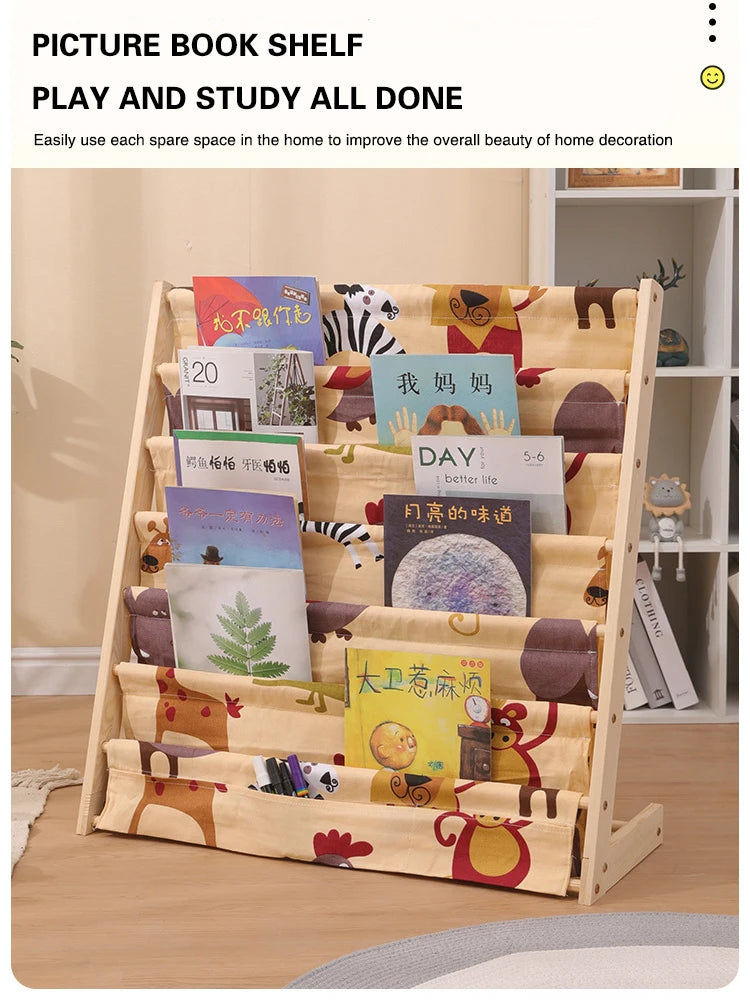 Solid wood multi-layer movable children bookshelf