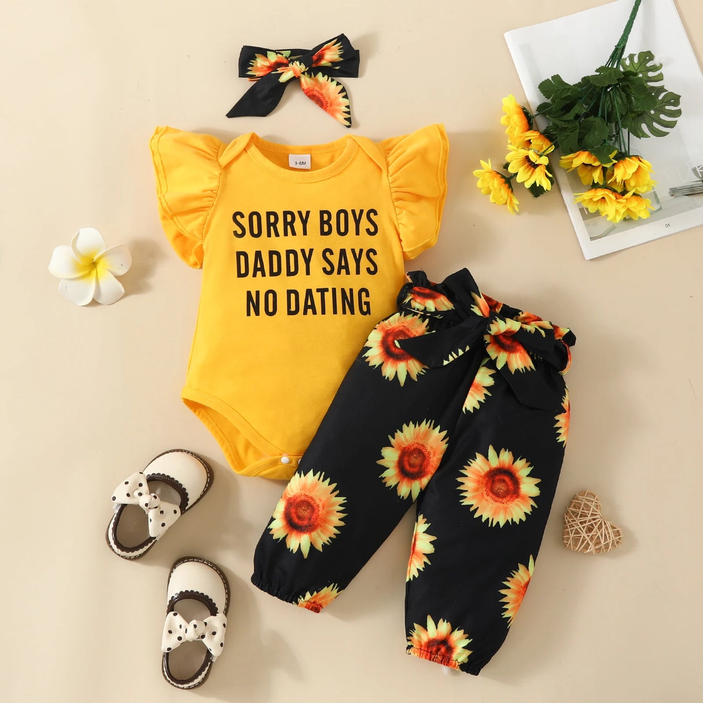 Cute Baby Girls Sunflower Belted pants Outfit