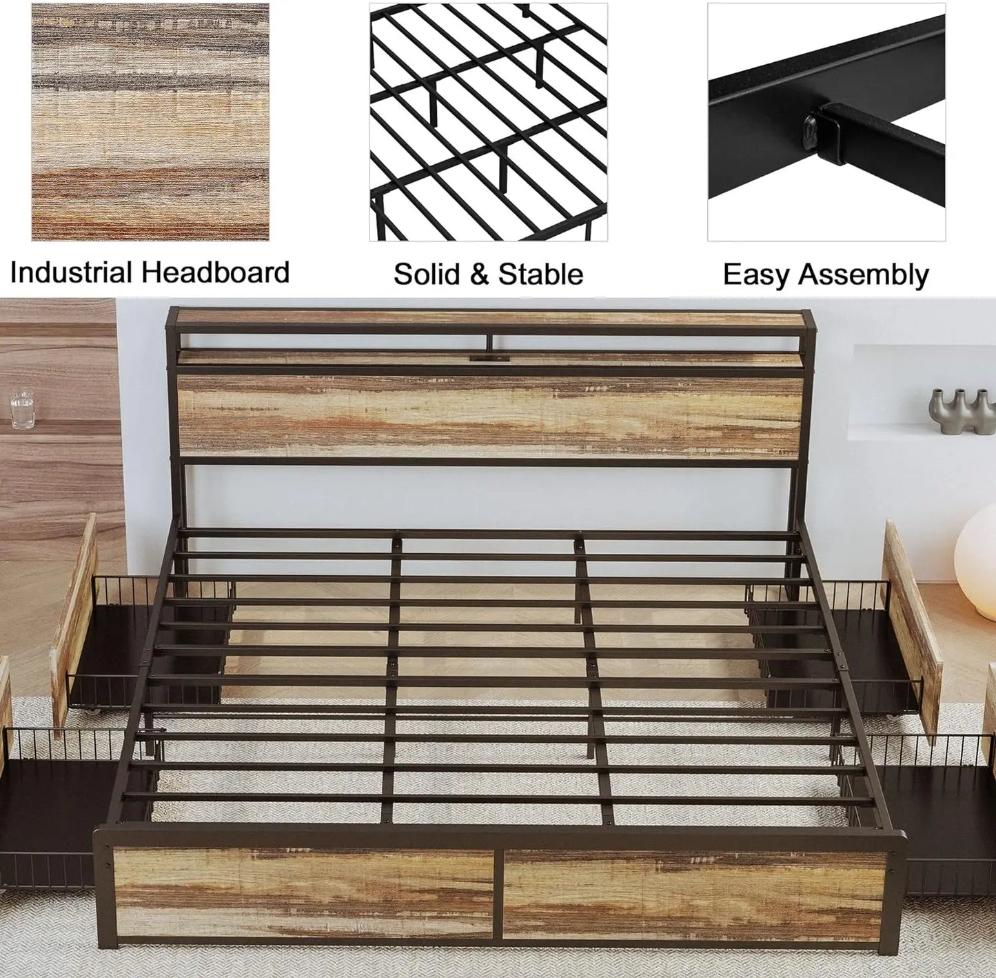 Queen Bed Frame with Storage Drawers