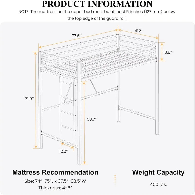 Junior Loft Bed Twin Size, Heavy Duty Frame