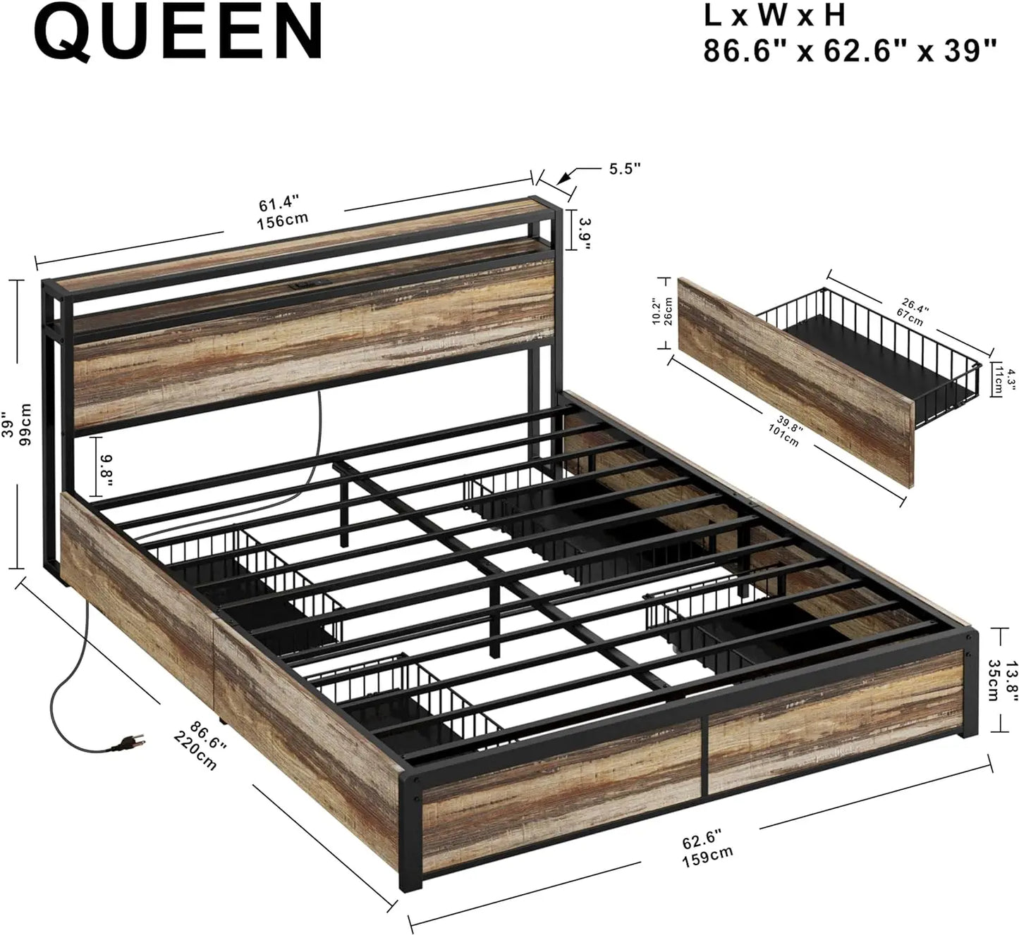 Queen Bed Frame with Storage Drawers