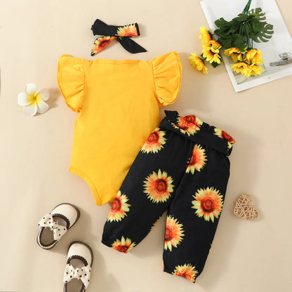 Cute Baby Girls Sunflower Belted pants Outfit