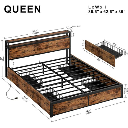 Queen Bed Frame with Storage Drawers