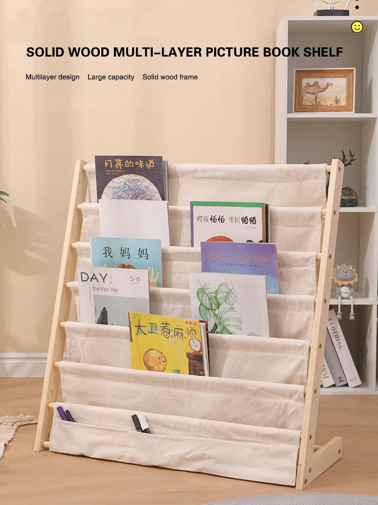 Solid wood multi-layer movable children bookshelf